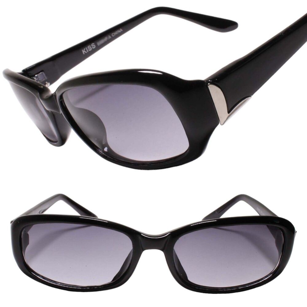Classic Vintage Old Stock Silver Accents Rectangle Frame Black Sunglasses